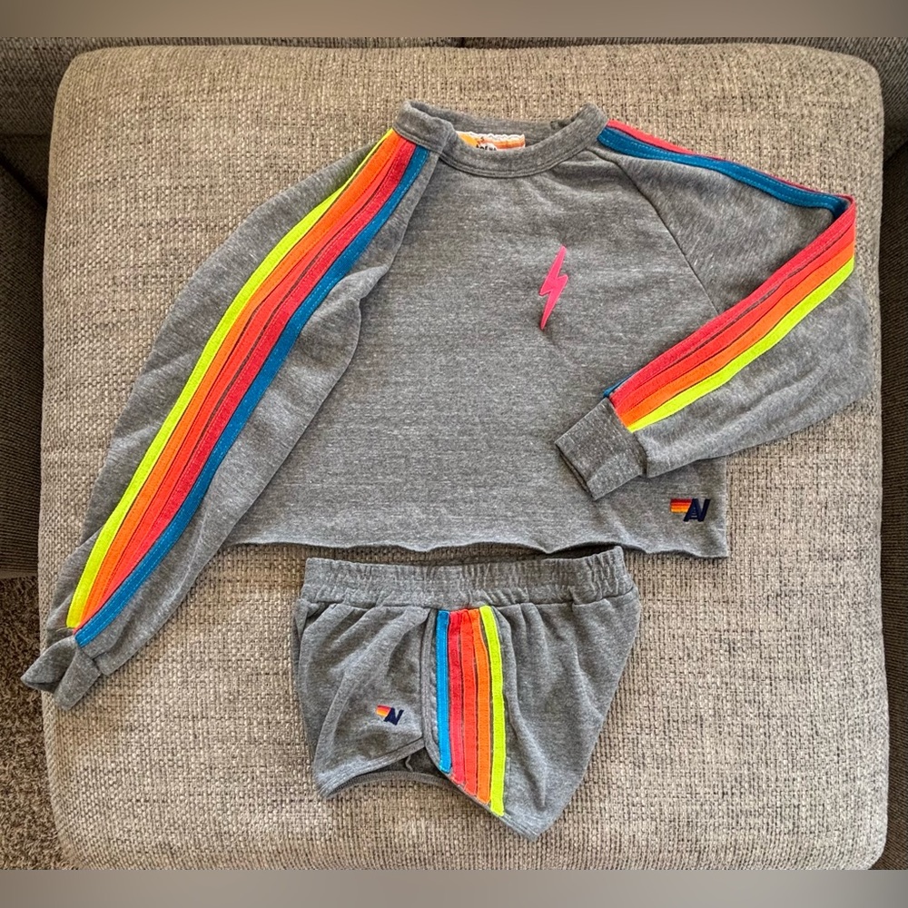 Aviator Nation 🌈 Grey Neon Stripes Crop Sweatshirt + Shorts Set Size Small